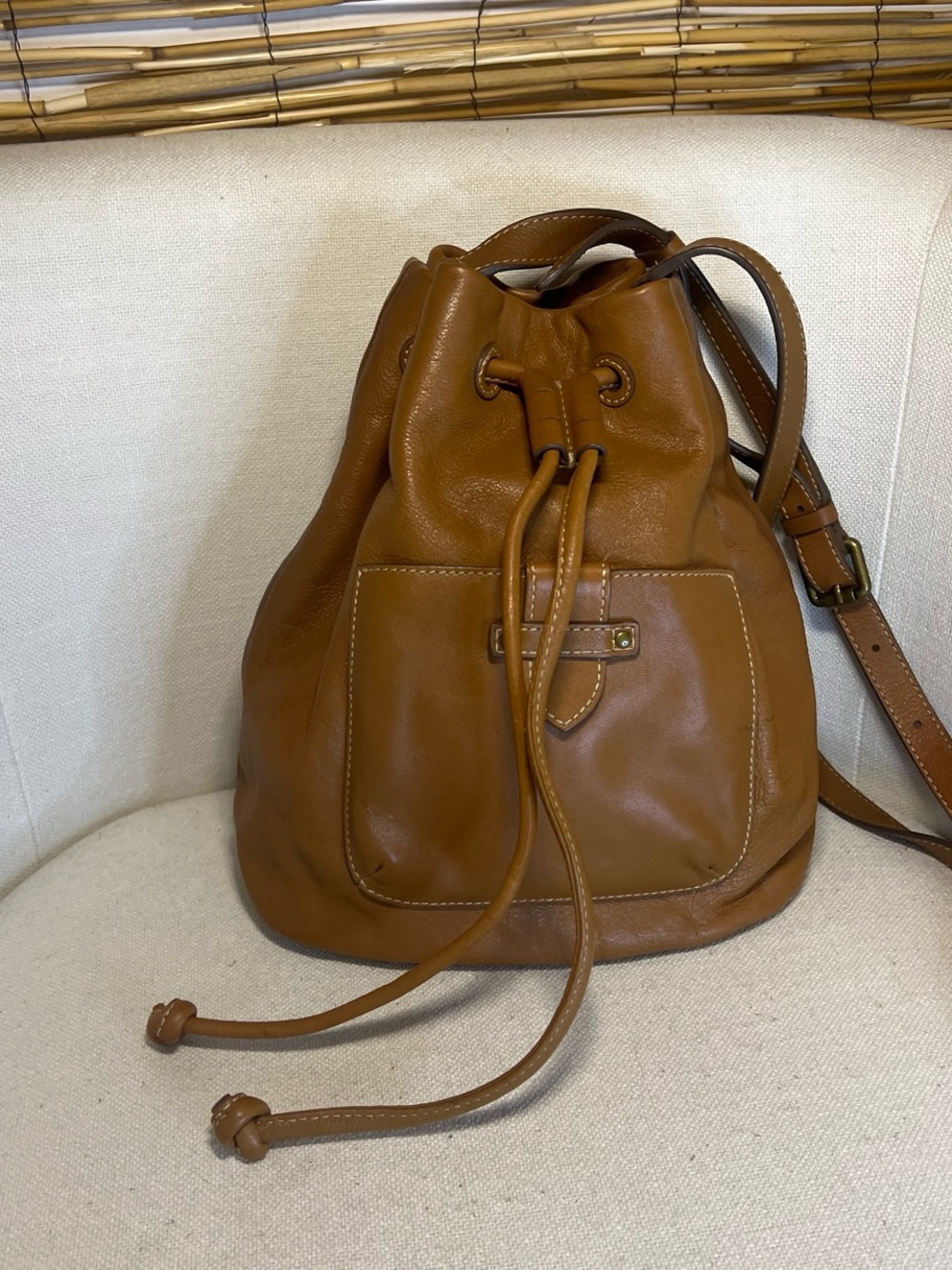 Frye Tan Leather Drawstring Bucket Bag